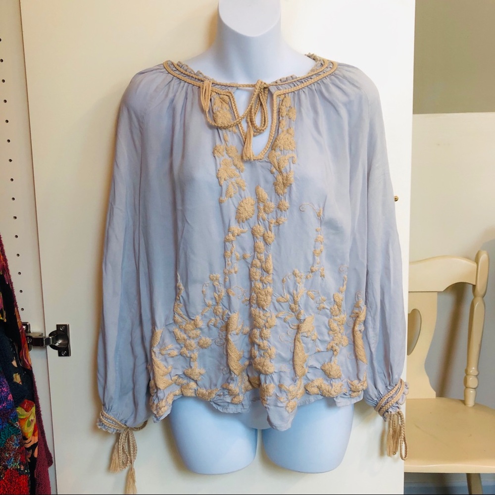 Lucky Brand Light Blue and Beige Embroidered Blouse